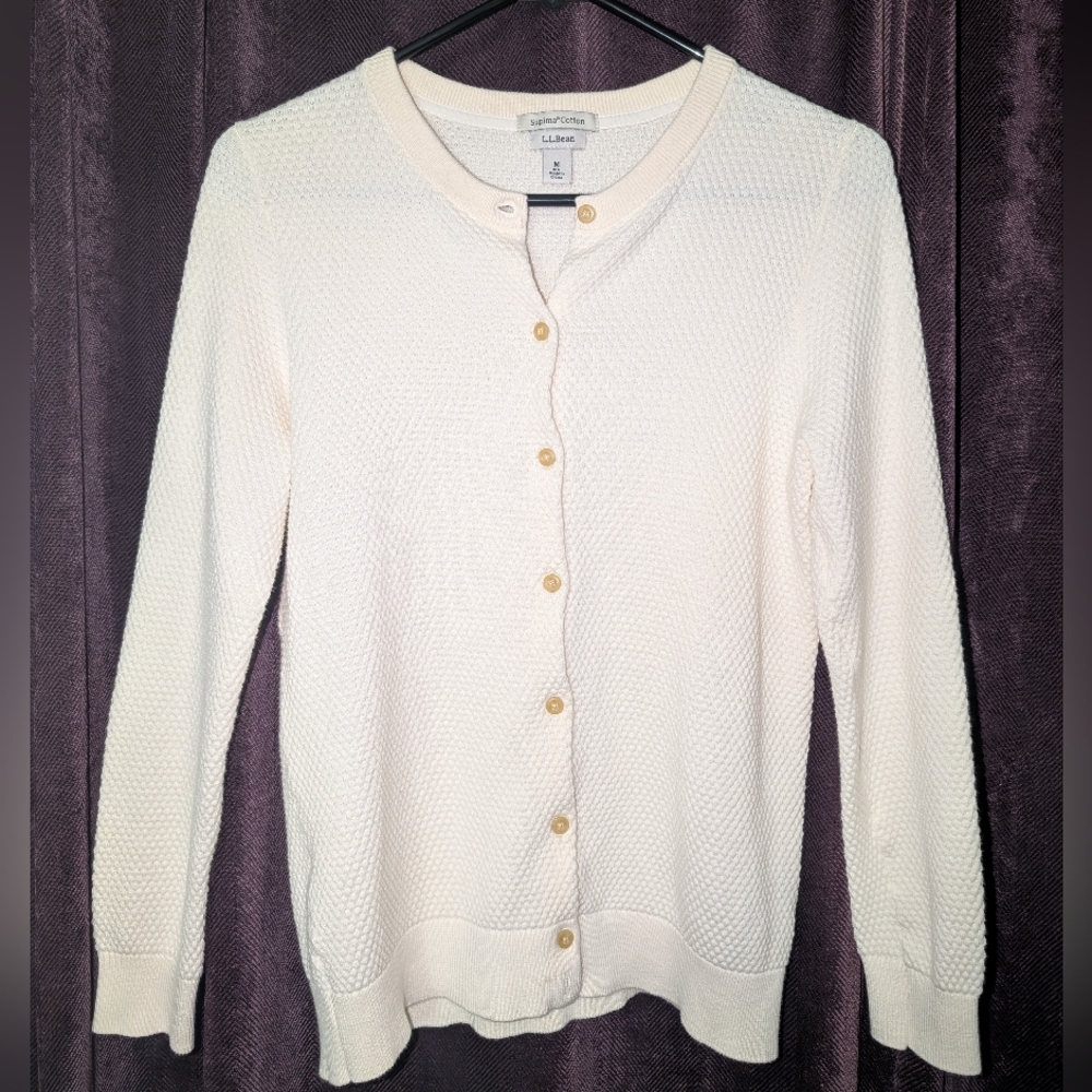 LL Bean Cardigan Sweater Women  Ivory Button Supima Cotton Waffle Knit Layer